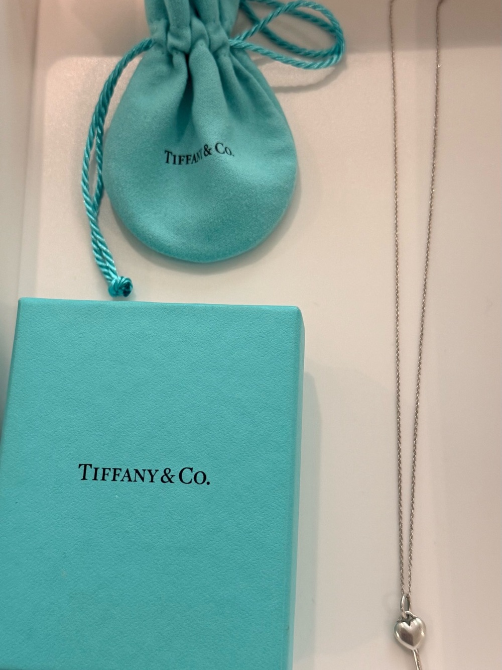 Tiffany & Co. Robin's Egg Blue Pouch, Box and Heart Key Necklace